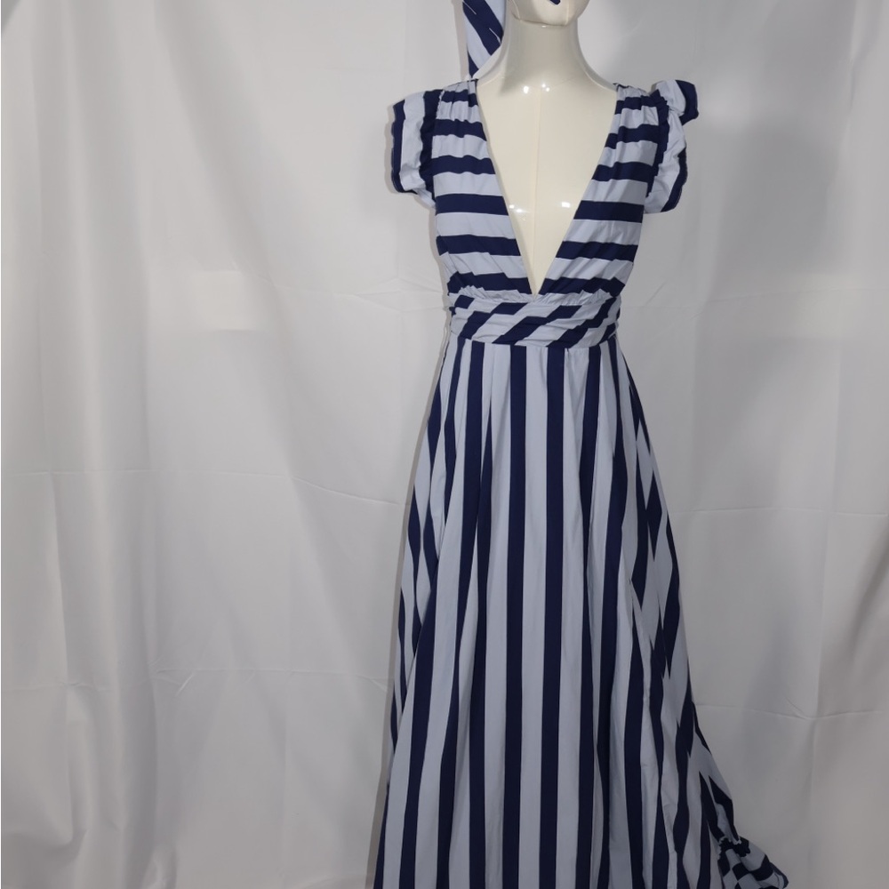 Anthropologie Blue and White Plunge Neck Sundress